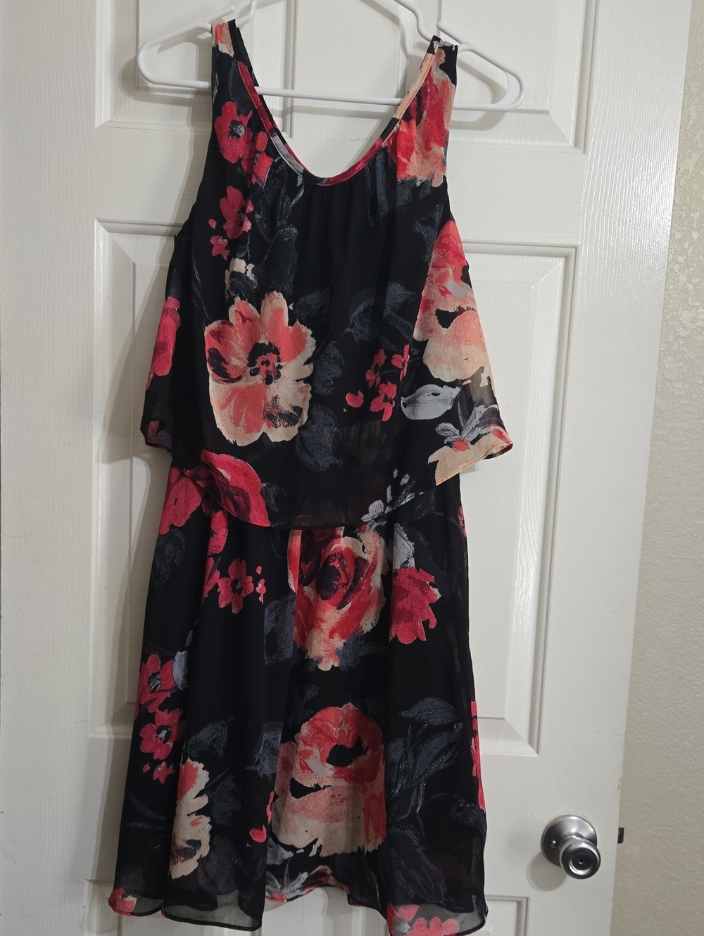 Black Floral Midi Dress with Pink Blooms